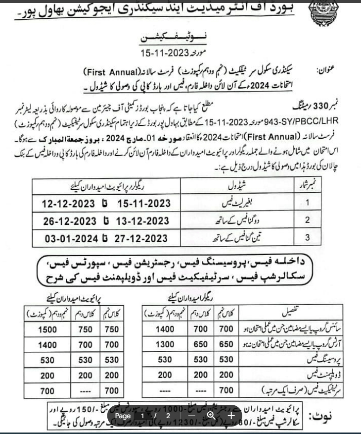 Revised Schedule Online Admissions SSC First Annual 2024